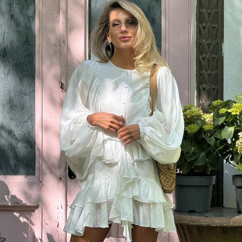 Vestido curto elegante com gola alta e borda de folha de lótus, retrô, floral, rosa, babados, manga comprida, moda urbana