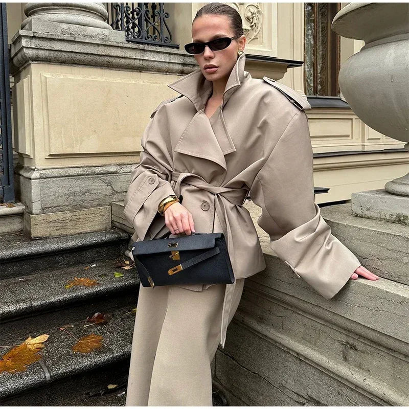 Women Lapel V-neck Belt Trench Coat Fashion Lace Up Full Sleeve Button Short Thin Windbreak 2025 New Lady Daily Street Outerwear
