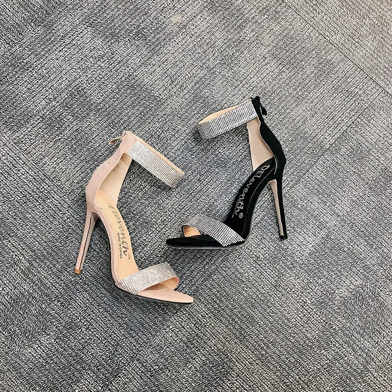 Sandálias femininas com tira no tornozelo, strass, salto alto fino, sandália gladiadora, faixa estreita, vestido de festa, sapatos de salto alto