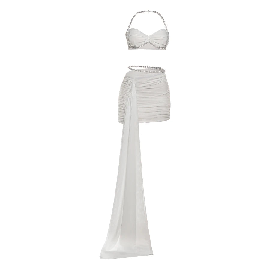 Weird Puss Elegant Bead Halter 2 Piece Set Women Sexy Ruched Mesh Backless Sleeveless Bra Vest+Ribbon Skirts Vacation Party Suit