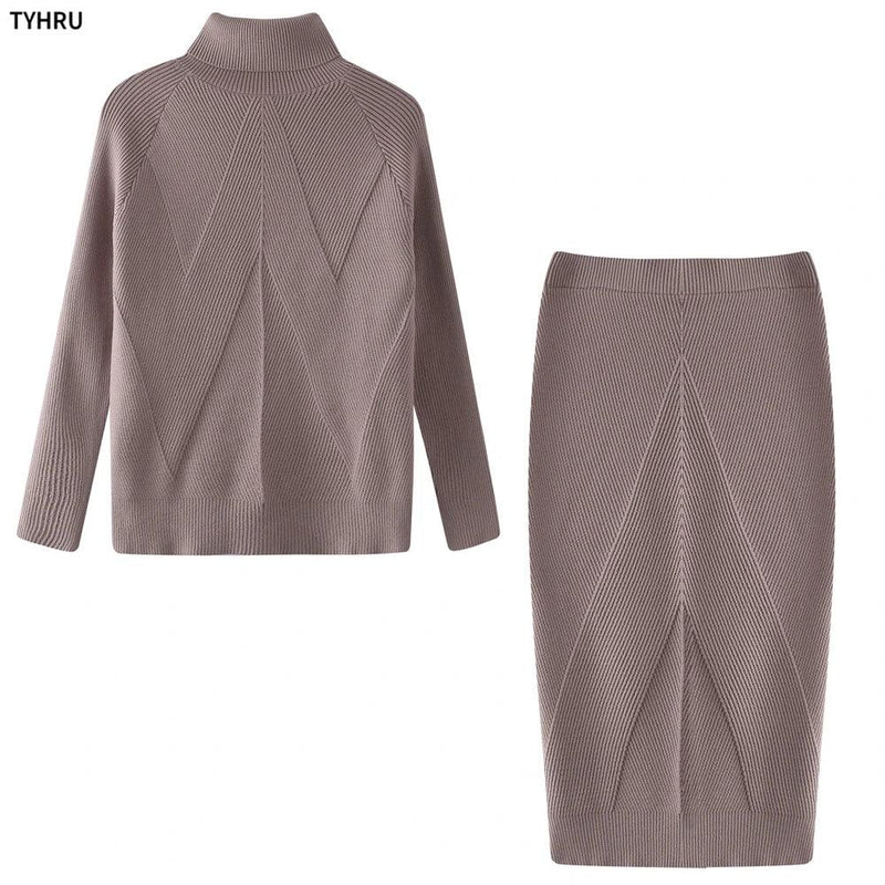 TYHUR Autumn Women's Knitting Costume Turtleneck Solid Color Pullover Sweater + Slim Skirt Two-Piece Set - CRAVO ROSE