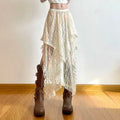 Saia assimétrica de renda Fairycore feminina vintage Y2K Boho estética moda cintura alta saias médias femininas roupas de férias