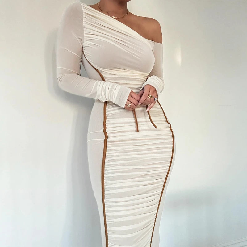 Hugcitar Mesh Solid Diagonal Collar Long Sleeve Draped Sexy See Through Bodycon Maxi Dress Summer Fashion Clothes Festival Club