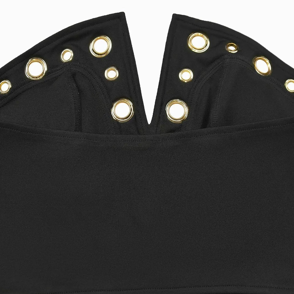 FLARORA Fashion Metal Ring Holes 2 Pcs Sets Woman Sleeveless Hollow Out Crop Tops And High Waist Flare Pants Elegant Streetwear