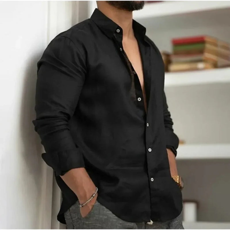 Men's Summer Beach Shirt Linen Button Up Long Sleeve Plain Lapel Spring & Summer Casual Daily Clothing