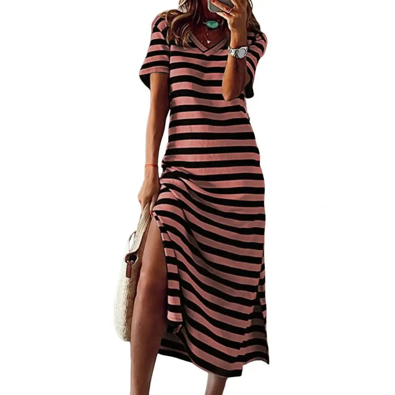 Vestidos Plus Size Vestidos Para Mulheres Casual Listra Estampa Decote Em V Manga Curta Solto Vestido Longo Robe Femme