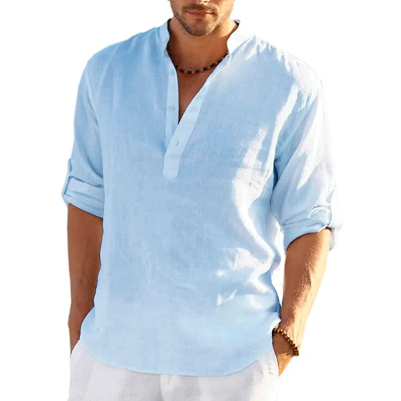 Camiseta masculina de linho manga longa cor sólida solta casual camiseta manga longa algodão linho camisa S-5XL