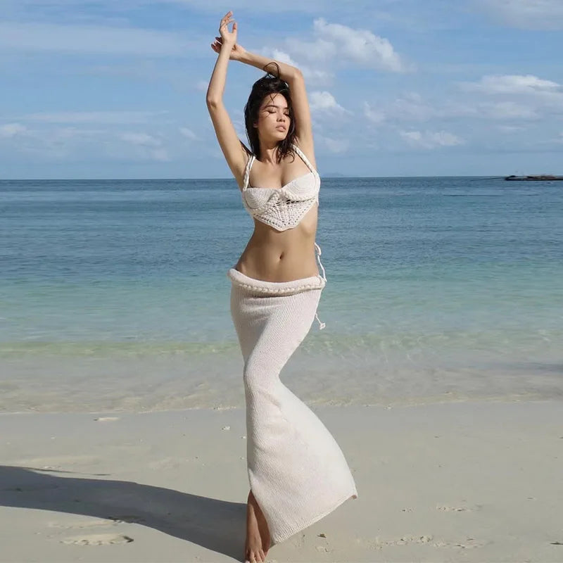 Sexy Knit Crop Tops Skirt Sets Women Sleeveless Backless Sling Tank Long Hip Package Skirts 2025 Holiday Beach 2 Piece Set Lady