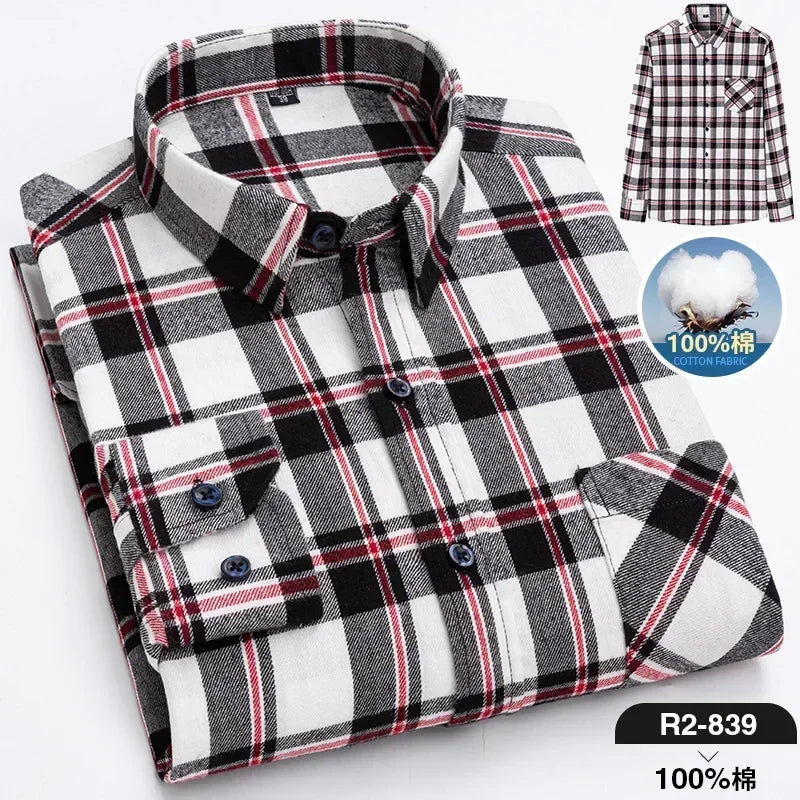 Pure Cotton Men's Plaid Shirt Long Sleeve Regular Fit Men Casual Oversized Shirt Leisure Autumn Male Clothes New Plus Size