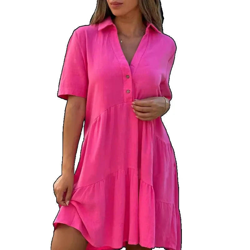 Vestido casual com lapela e babados, linha A, para férias na praia, solto, liso, de algodão e linho, manga curta