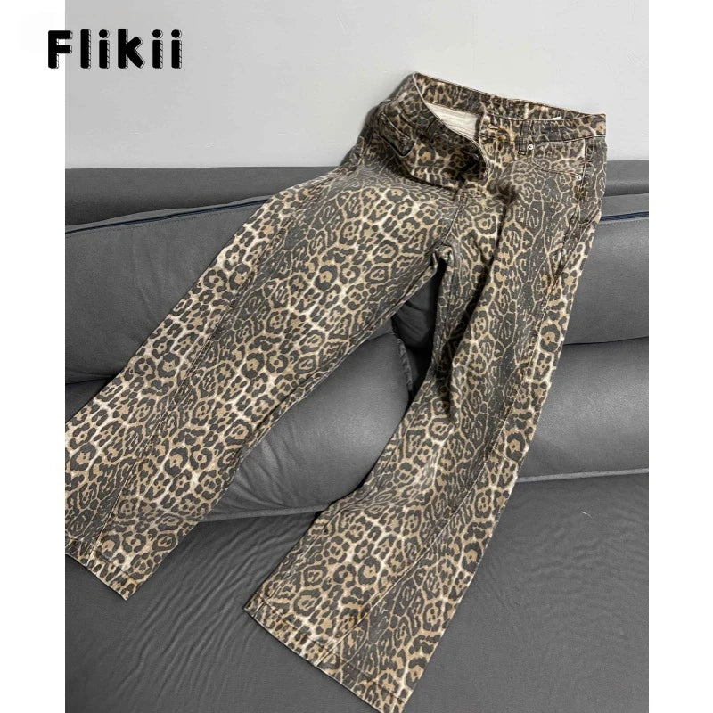 Calça jeans feminina americana retrô com estampa de leopardo, cintura alta, larga, casual, com bolsos, hip-hop, primavera/verão 2000, calça jeans pantera grande