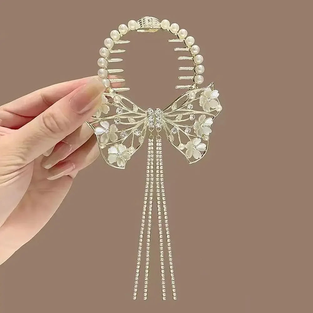 Chinese Style Flower Tassel Hair Bun Buckle High Ponytail Buckle Pearl Chain Pan Hair Claw Clip Fashion Lovely Alloy Headwear