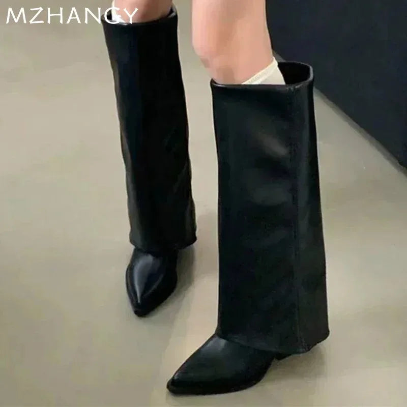 Botas de couro chunky de salto alto femininas, bico fino, estilo Chelsea, novas bombas femininas, botas gladiadoras para neve
