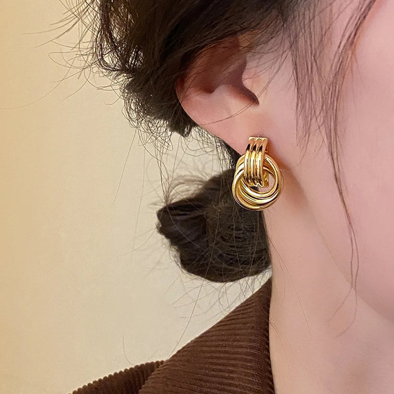 Fashion Glossy Three-Layer Textured Intersecting Knot Earrings for Women Gold Color Stainless Steel Earring Vintage Jewelry Gift