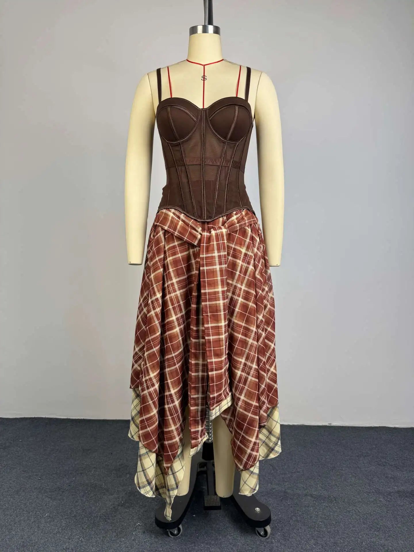 Women's Retro Plaid Slimming Two-Piece Set High Waist Irregular Half Skirt Summer New Style Suit