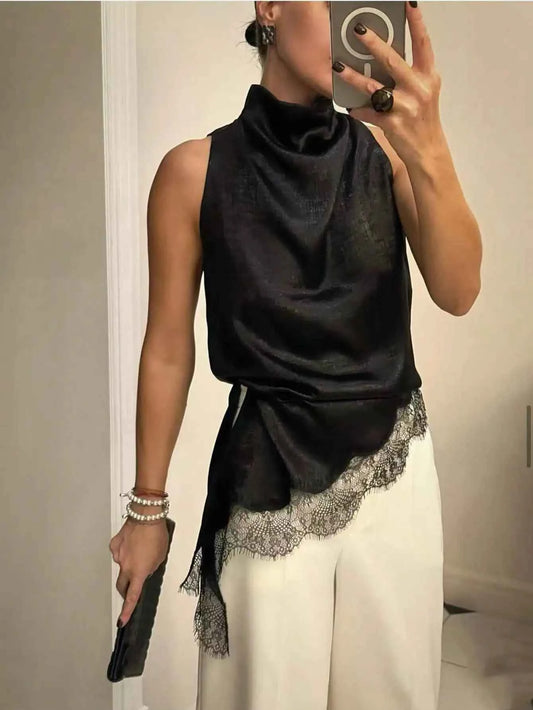 Women's Elegant Black Satin High Neck Blouse Lace Trim Sleeveless Casual Commute & Date Top