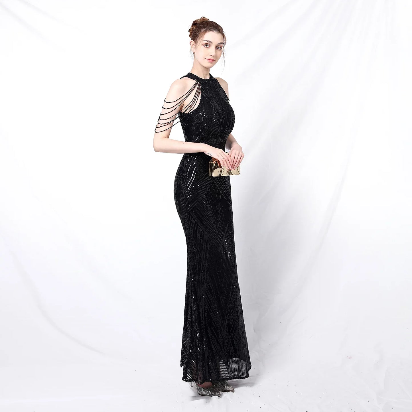 Xmas Sequin Maxi Dress Halter Neck Stripe Mermaid Long Lady Coctail Prom Dress Party Evening Dancing Performance Shimmering Wear