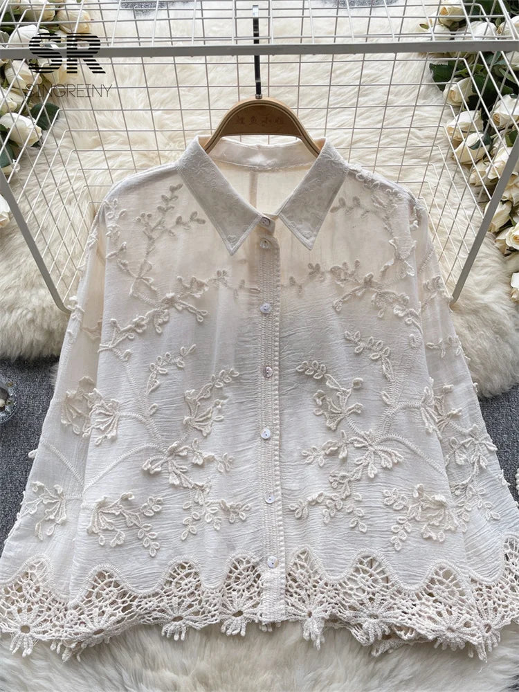 Camisa solta bordada SINGREINY feminina elegante retrô com lapela sólida manga comprida blusa feminina de alta qualidade moda verão