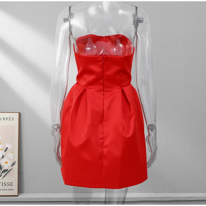 Women Red Sexy Slim Fit  Mini Strapless Dress Fashion Sleeveless Backless High Waist A-line Vestidos 2025 Lady Party Prom Gown