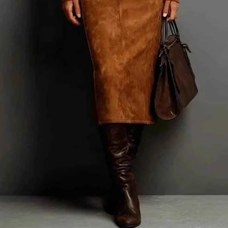 European American Women's Suede Turtleneck Long Sleeve Midi Dress Elegant Bodycon Dress for Autumn/Winter Fashion Party Clubwear