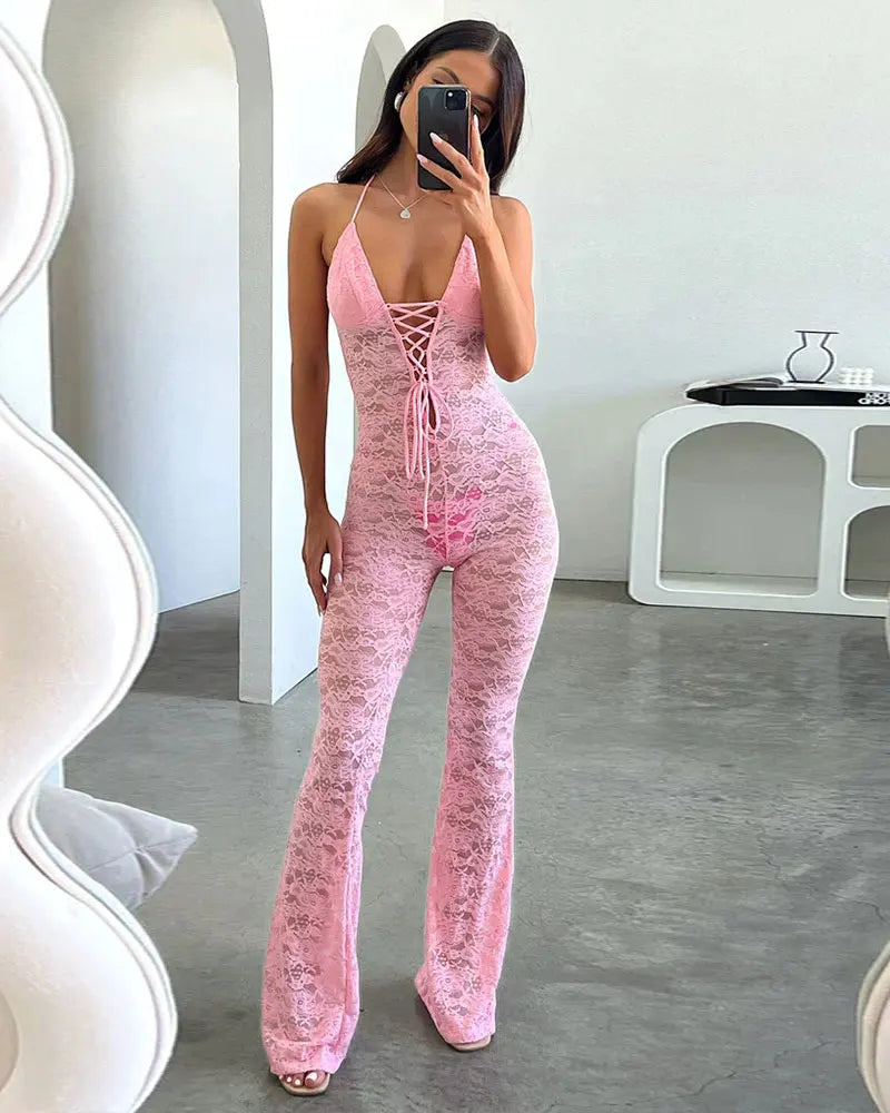 GACVGA Sexy Lace See Through Women Jumpsuit Backless Slim Streetwear Bandage Romper Lady Elegant Summer Party Nightclub Jumpsuit