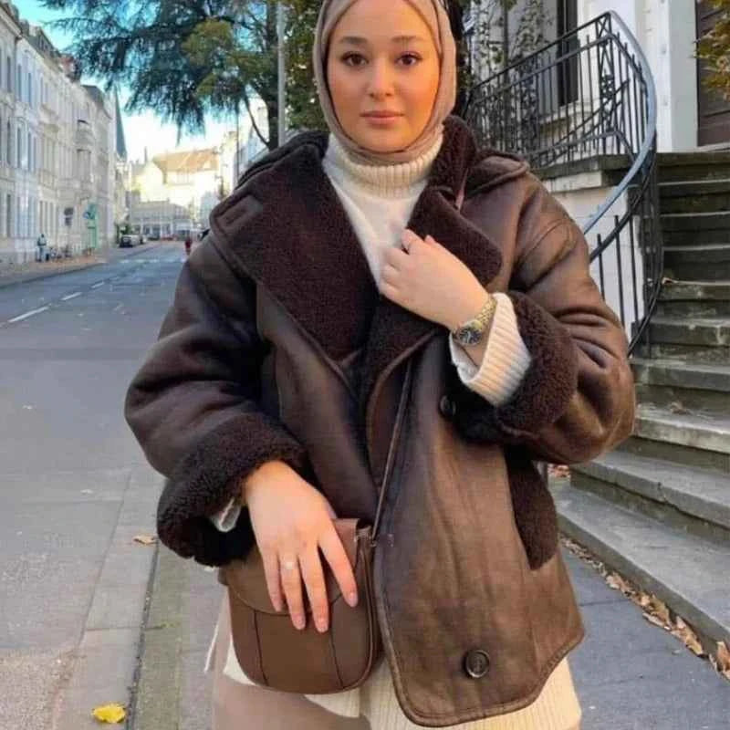 HXAO Faux Leather Jacket Winter Coat Female Button Long Sleeve Brown Jacket Demi-Season Faux Wool Coats And Mixtures Jacket