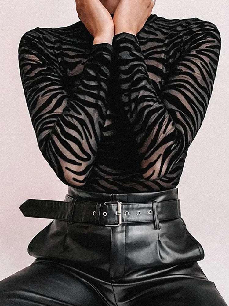 Black Mesh Transparent Sexy Bodysuit Long Sleeve Slim Skinny Stripe Mock Neck Casual Rompers Women Lady Party Club Body