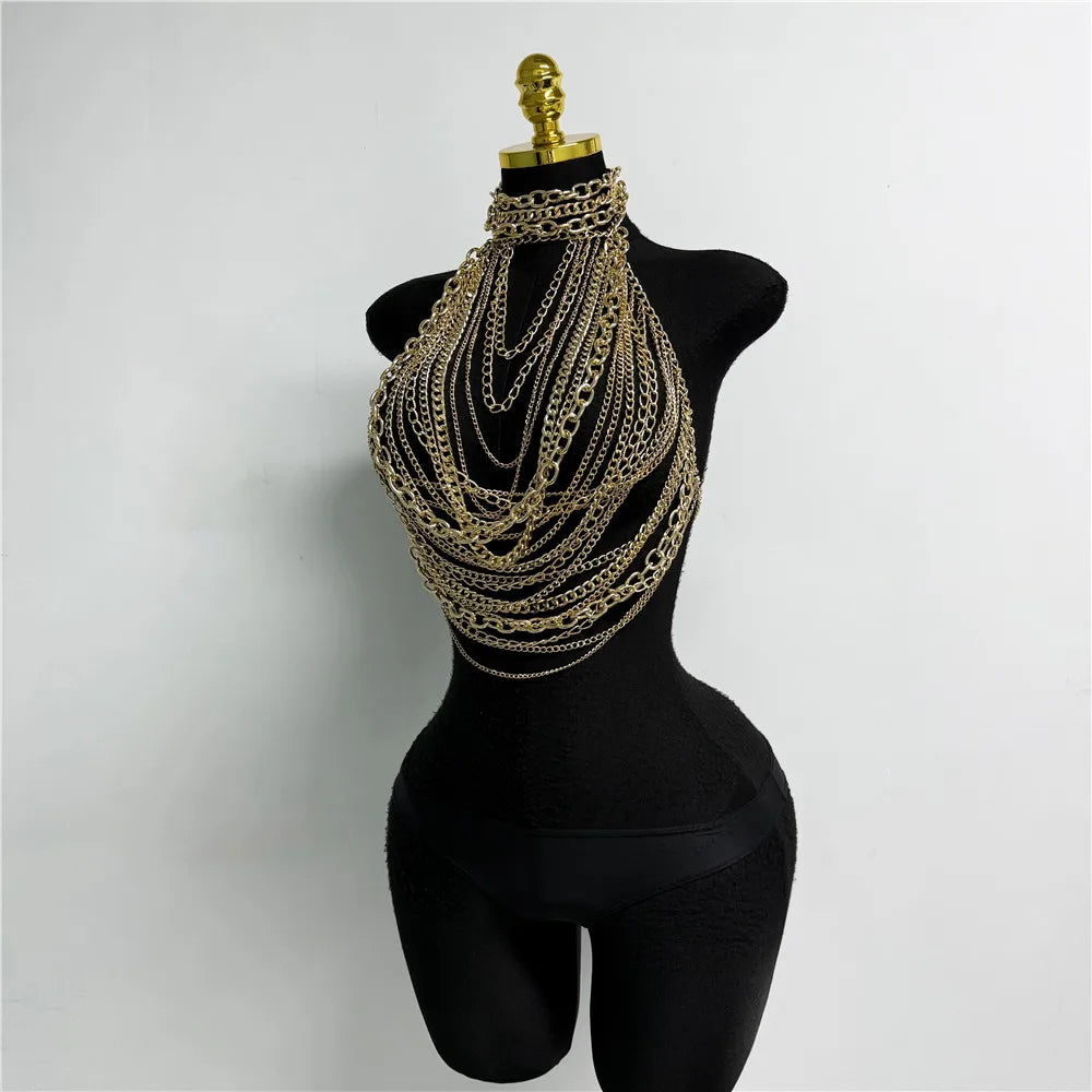 Silver Metal Chain Halter Top Sexy Layered Body Chain Vest Women Festival Rave Party Clubwear Lingerie Jewelry Accessory