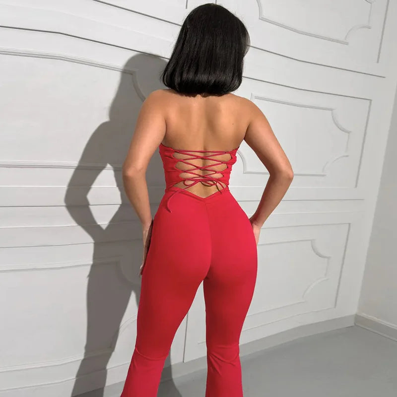 2025 Summer Women's Solid Color Back Strap Strapless Strapless Open Shoulder Tight Micro Flared Pants Jumpsuit