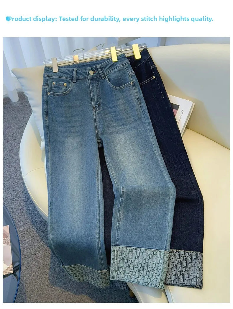 High-End Women's Straight Leg Jeans Loose Fit Spring Season Roll up Capri High Waist Denim Blue Flip  Thermal Regulation