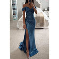 Women New Party Sequins Strapless Split Dress Casual Fashion Dress Solid Color High Waist Floor Length