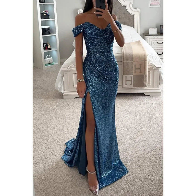 Women New Party Sequins Strapless Split Dress Casual Fashion Dress Solid Color High Waist Floor Length