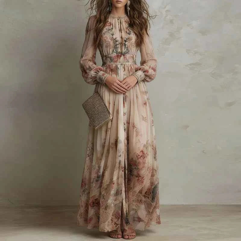 Vintage Floral Print High Waist Pleated Long Dress Woman Elegant O Neck Slim Party Dresses Spring Long Sleeve Boho Holiday Dress