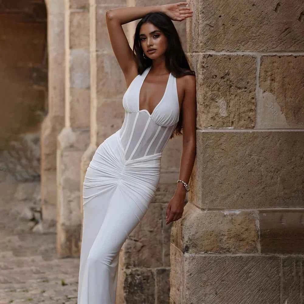Elegant White Long Curvy Dress Women's Halter Deep V Backless Black Mesh Ruched Maxi Dresses Evening Party Cocktail Robe Summer