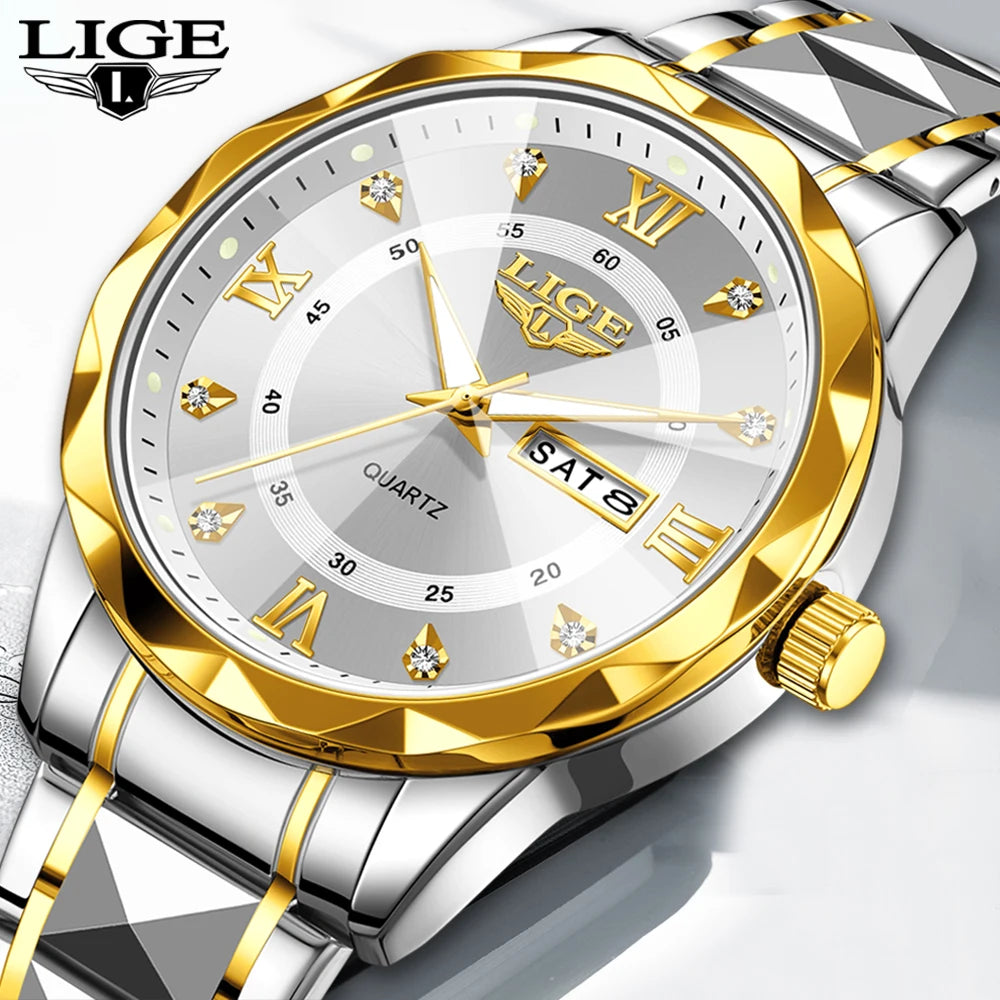 New LIGE Top Brand Luxury Man Wristwatch Waterproof Luminous Date Week Men Watches Stainless Steel Quartz Men's Watch Male reloj
