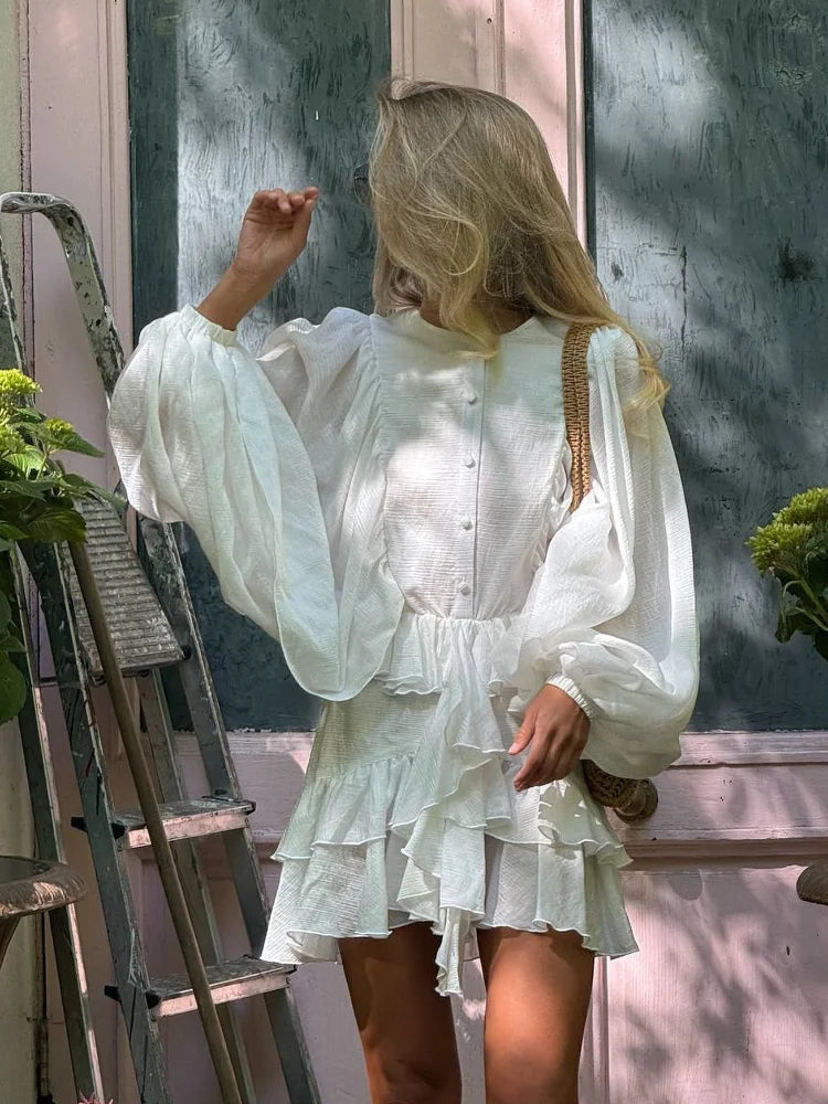 Vestido curto elegante com gola alta e borda de folha de lótus, retrô, floral, rosa, babados, manga comprida, moda urbana