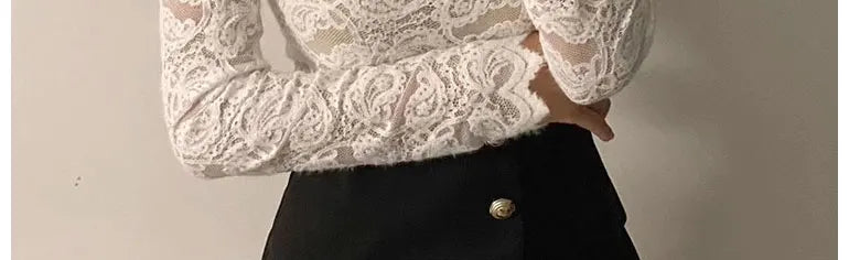 Fleece Lined Lace Base Shirt Women's Autumn Winter Hollow out Mesh Top Trendy Commute Style High Neck Long Sleeve  Color