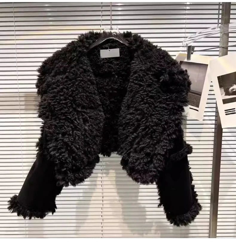 Lautaro Autumn Winter Short Hairy Thick Warm Black Faux Sheepskin Coat Women with Long Sleeve Luxury Designer Fluffy Jacket 2023