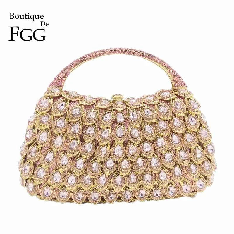 Boutique De FGG Pink Crystal Rhinestone Clutch Handbag Women Metal Minaudiere Top Handle Tote Purse Wedding Party Evening Bag