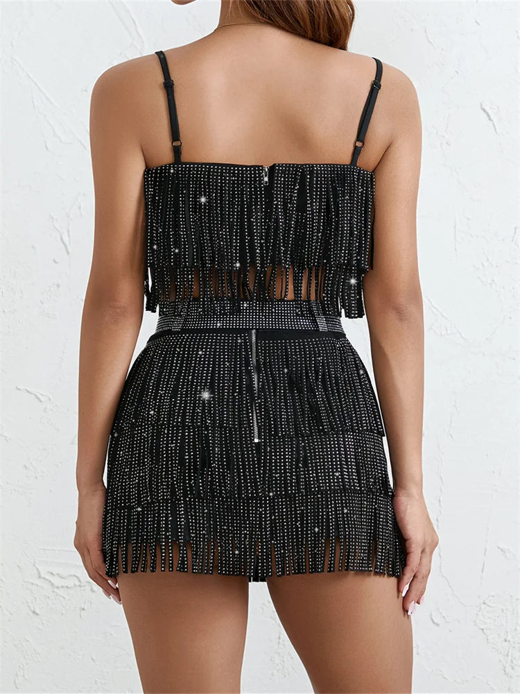 Two Piece Sets Women Summer Punk Club Sexy Skirt Sets Sleeveless Sequin Tassel Camis Top + Mini Skirts with Belt Female 2Pcs Set