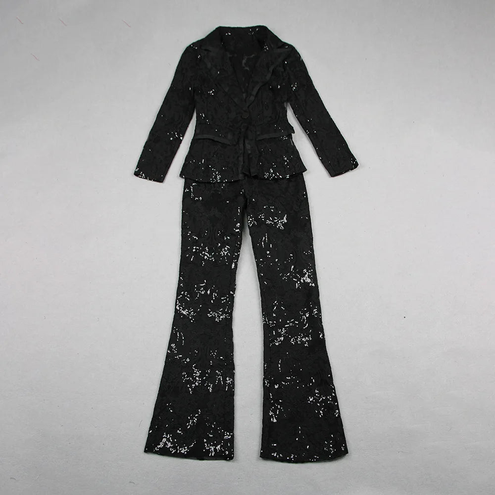 HIGH STREET Newest 2026 Designer Runway Suit Set Women's Single Button Guipure Lace Blazer  Flare Pants Set