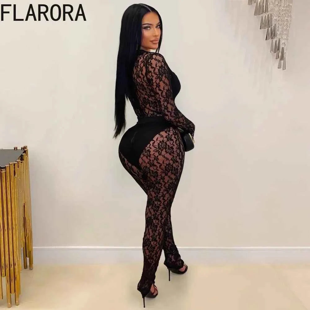 FLARORA Sexy Lace Hollow See Through Jumpsuits Woman O Neck Full Sleeve Peach Hip Slim Jumpsuit Midnight Party Clubwear Overalls