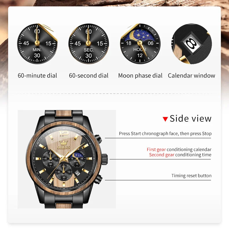 OLEVS 3645 Mens Watch Top Brand Business Original Quartz Watch Solid Wood Multifunctional Chronograph Watch Moon Phase Reloj New