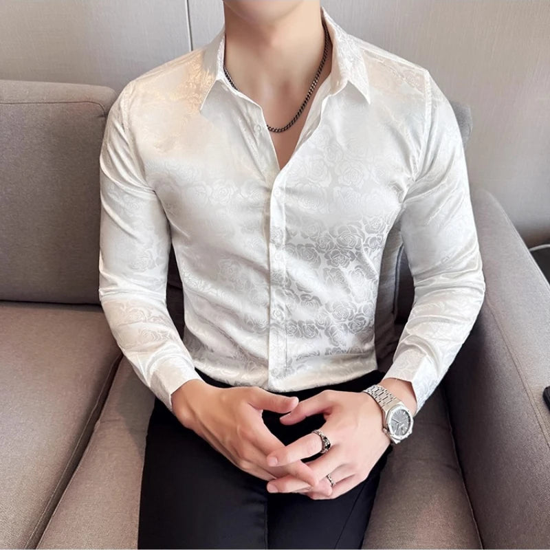 Men's Social Shirt New Rose Printed Long Sleeve Shirt Luxury Fashion Business Slim Fit Formal Shirt Men's Clothing 4XL-M