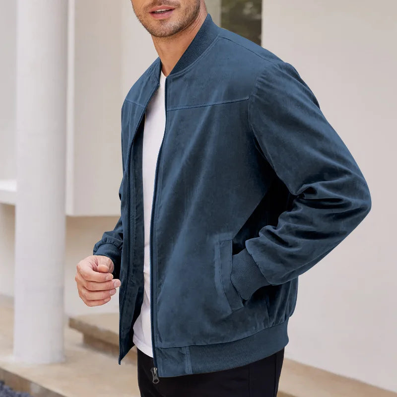 Men's Business Casual Suede Jacket Zipper Collar Warm Sporty Outerwear Polyester Fabric Long Sleeve round Hem Knitted Sleeve