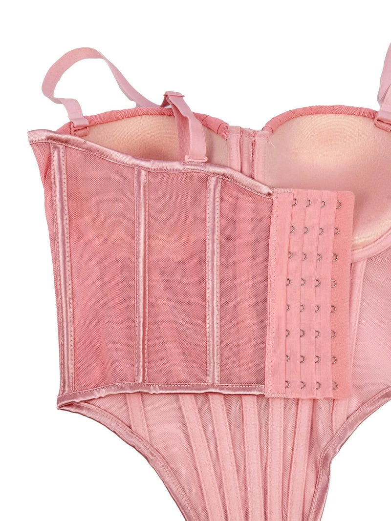 Corpete transparente de malha feminino, faixa espinha de peixe na cintura, corpete bustiê, tops sensuais