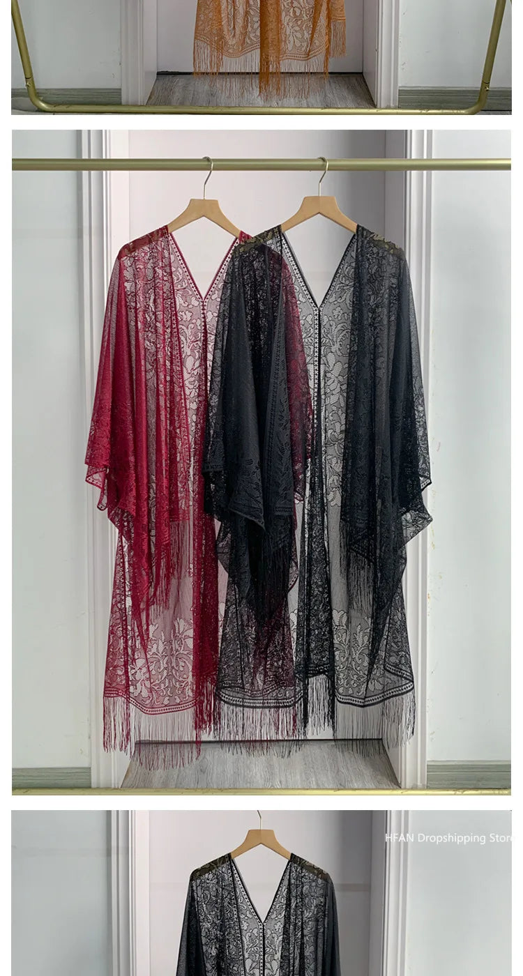 Women Sun Protection Shawl Lady Summer Hollow Out Lace Cardigan Holiday Bikini Blouse Breathable Beach Cape Sexy Long Tippet
