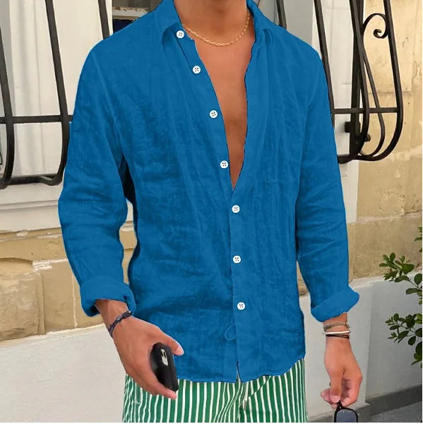 Breathable and Comfortable Pure Cotton Long Sleeved Shirt Summer Thin Cut Lapel Solid Color Versatile Beach Shirt
