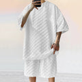 Conjunto de shorts casuais de perna reta e tamanho grande, camiseta xadrez jacquard de manga curta para homens, verão 2025