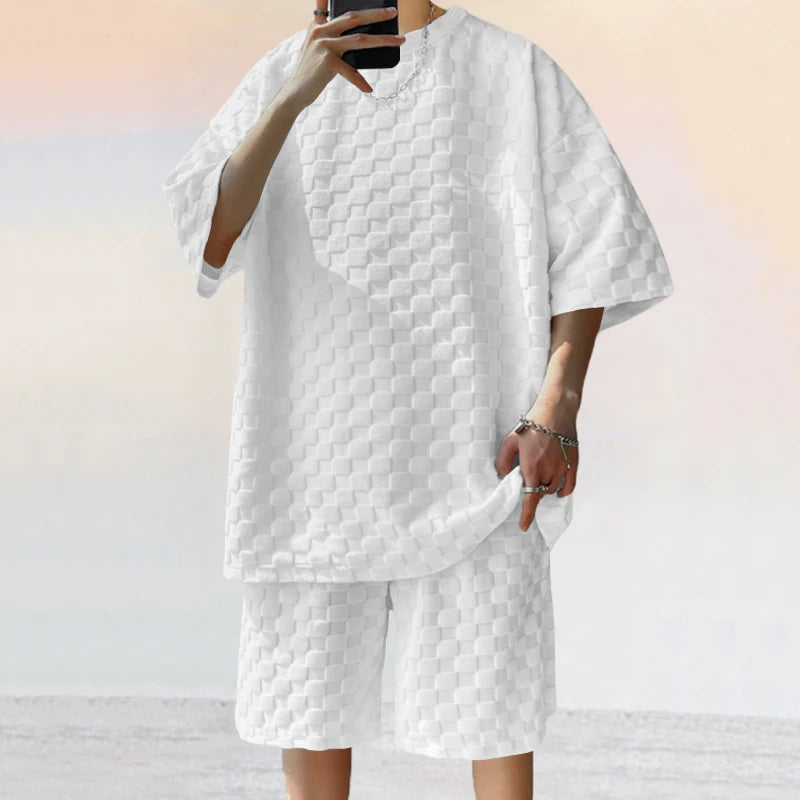 Conjunto de shorts casuais de perna reta e tamanho grande, camiseta xadrez jacquard de manga curta para homens, verão 2025